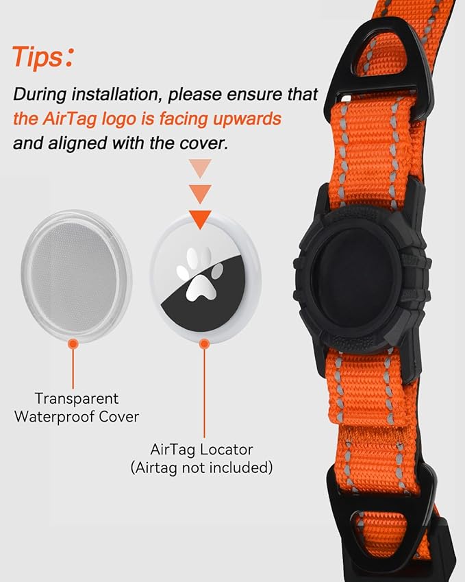 Joytale Airtag Dog Collar, Reflective Pet Collar with Waterproof AirTag Holder, Dual D-Rings, Soft Padded Adjustable for Medium Dogs, Orange, M