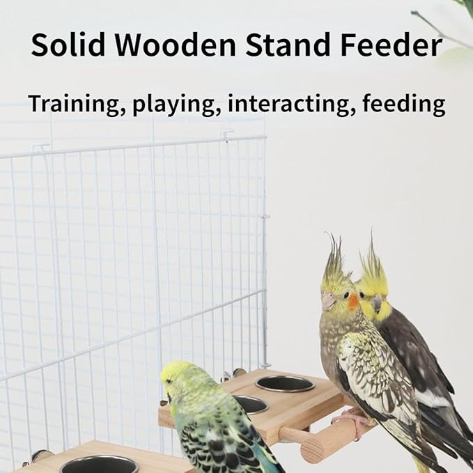Bird Food Stainless Steel Cups Wooden Perch Stand Hanging Feeder Bowls Feeding and Watering Supplies for Parakeets Conures Cockatiels Budgie Parrot (S)