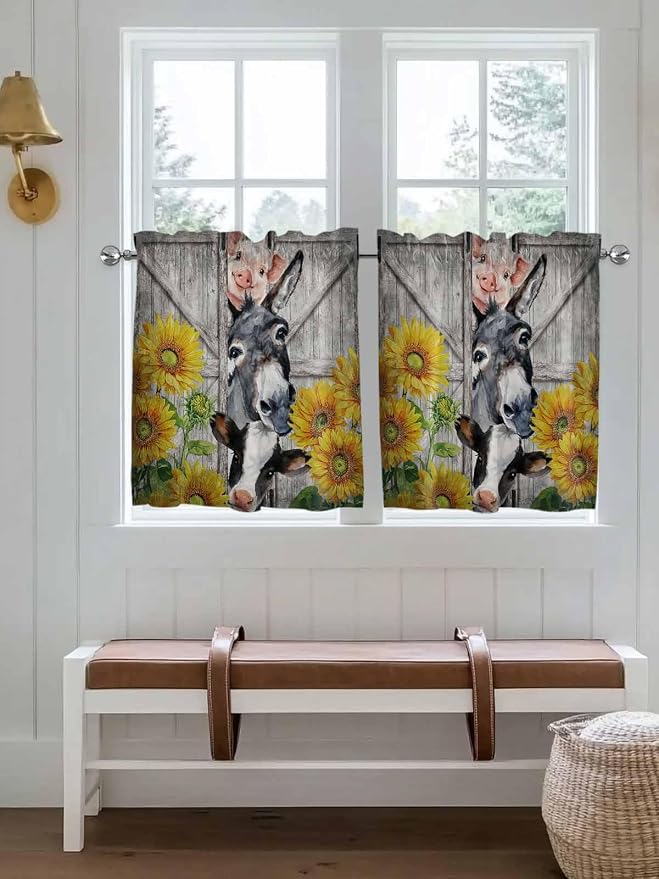 Farmhouse Half Window Curtain 36 Inches Long, Vintage Sunflowers Animals