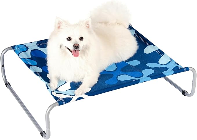 Elevated Dog Bed for Small Dogs 40lb,Breathable Cooling Raised Washable Dog Cot,Metal Frame, No-Slip Feet,Polyester Cotton,Indoor/Outdoor Pet Bed,28 * 22 * 7in, Clover Ocean Blue