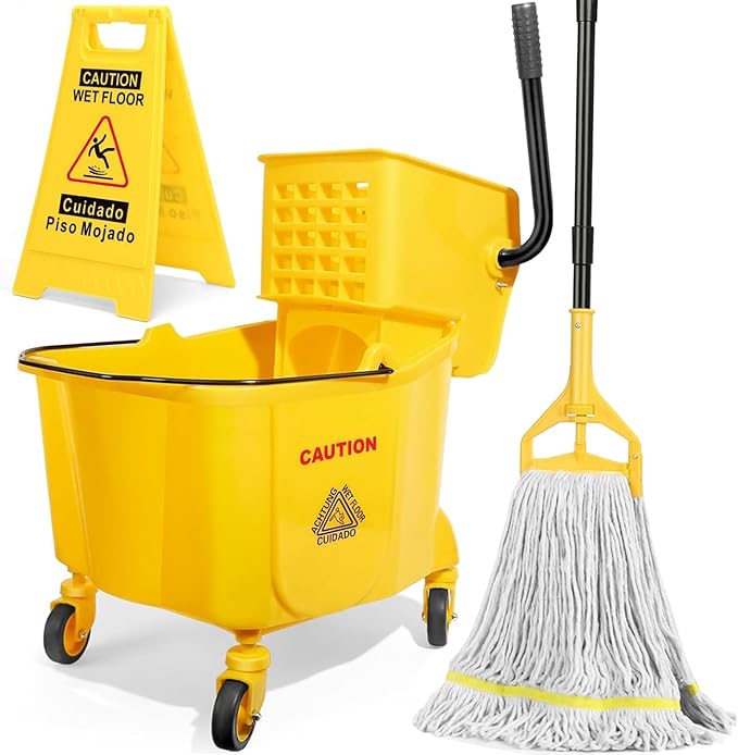 38 Qt Commercial Mop Bucket with Side Press Wringer on Wheels,Yellow Industrial Mops and Bucket Set for Floor Cleaning,Including 1 Industrial Mop and Wet Floor Caution Sign,Beyoco