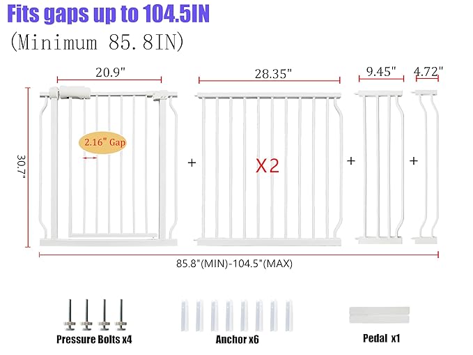 Extra Wide Baby Gate 85.8-104.5 Inch, Pressure Mounted No Drilling, for Stairs & Doorways, Metal White Indoor Safety Gate for Kids and Dogs