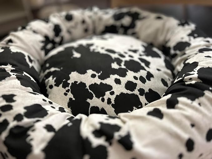 Organic Cotton Canvas Dog Bed: Removable Cover, Natural Fill - Made in USA (Cow Print Black White, X Large 42" x 8" inches)