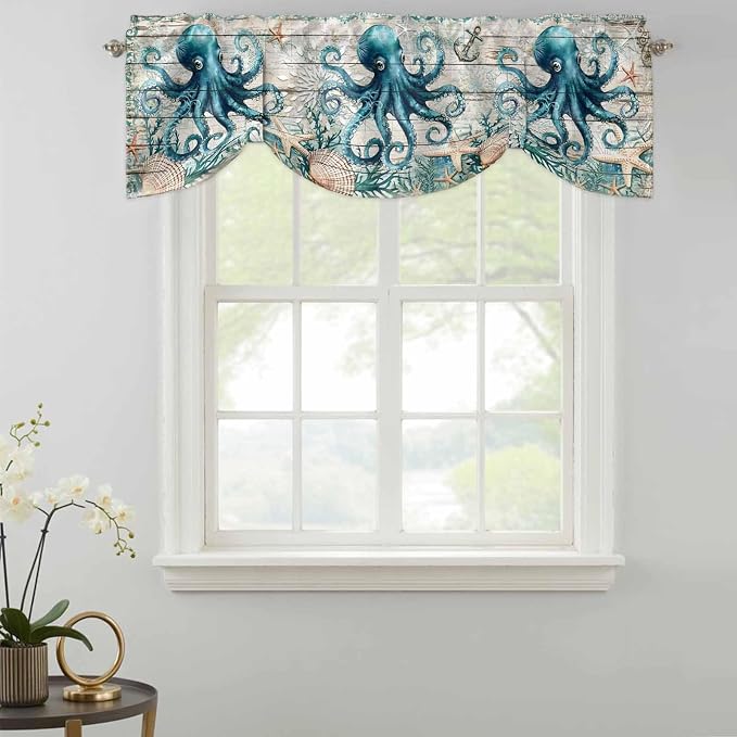 Sea Octopus Ocean Starfish Tie Up Valance Curtains, Nautical Anchor Vintage