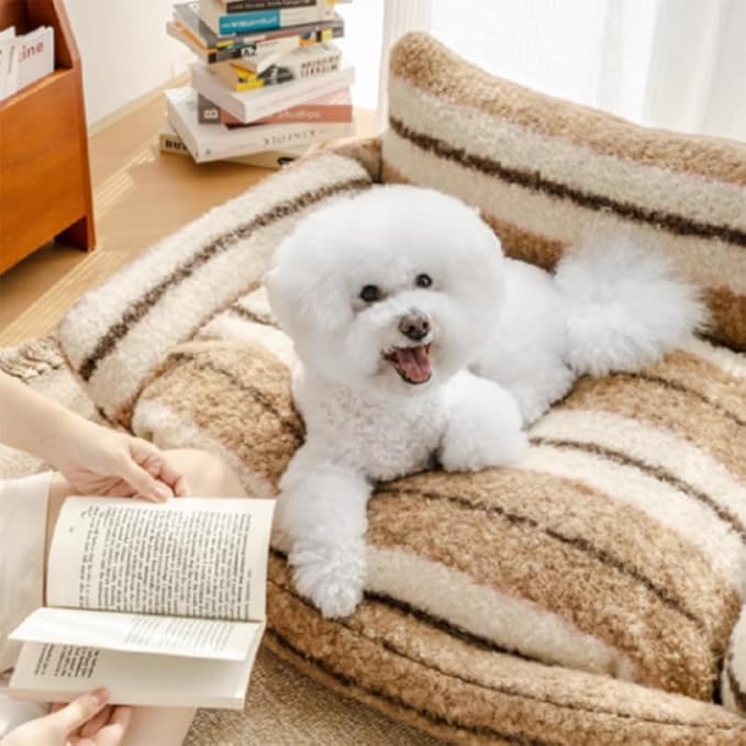 Lazy Holiday Plush Cozy Dog & Cat Sofa Bed, Teddy Velvet Dog Bed, Trendy Striped Faux Lambswool Double Layer Dog & Cat Sofa Bed Dogs Sleeping Mat for Medium Small Dogs & Cats (A-2,M)