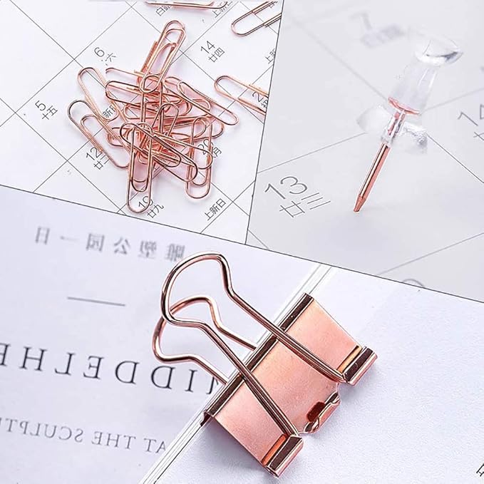 Paper Clips and Binder Clips Set, Metal Assorted Sized Binders with Push Pins, Cute Office Supplies for Desk, Desk Accessories, Rosegold
