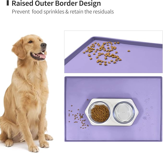 Dog Food Mat,Silicone Waterproof Food Tray,Non Slip Pet Bowl Mats Placemat,0.6" Raised Edge,Suitable for Most Small and Medium Sized Pets,18.5" x 11.5"