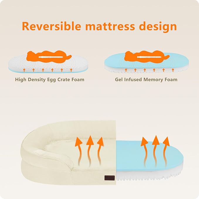 Dwanton Orthopedic Dog Bed for Large Dogs with Gel Memory Foam, Waterproof Dog Sofa, Washable Pet Bed with Four Sided Bolster Cushion, Removable Cover & Non-Slip Bottom, 42", Beige