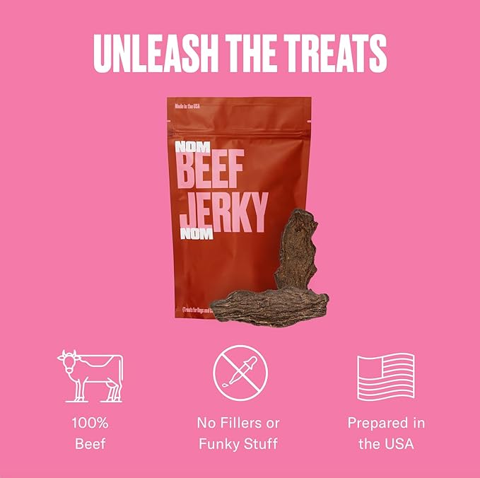 Nom Nom Beef Jerky Treats - All-Natural Dog Snacks for Training, Rewards, and Mealtime Toppers - Non-GMO, No Fillers, Preservatives or Added Ingredients - Prepared in the USA for Dogs