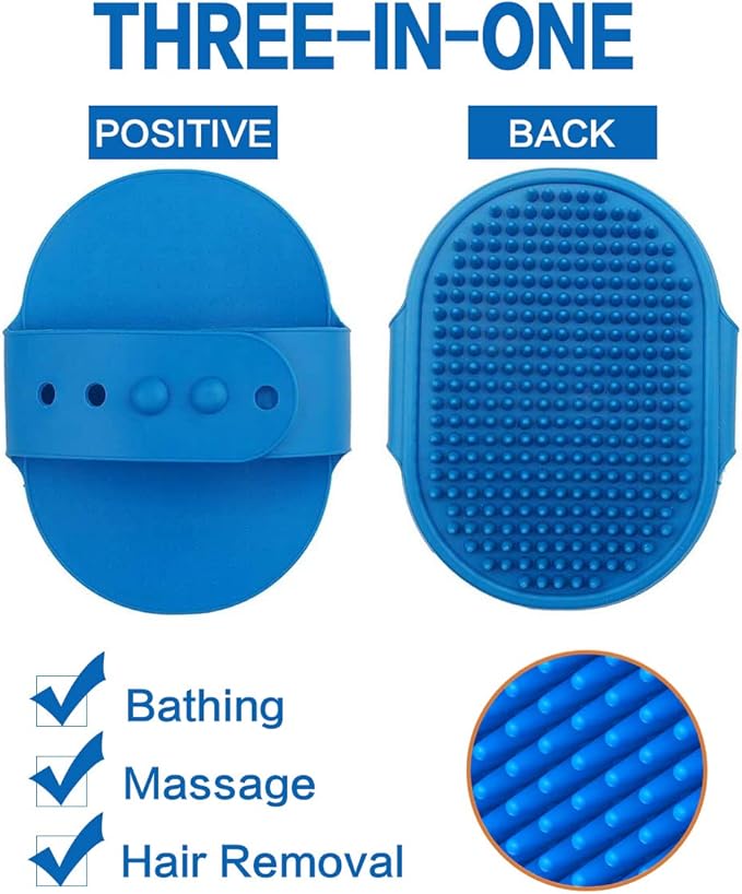 Dog Bath Brush Pet Bath Comb Brush Soothing Massage Rubber Comb 2pcs with Adjustable Ring Handle for Long Short Haired Dogs and Cats (Blue+Rose)