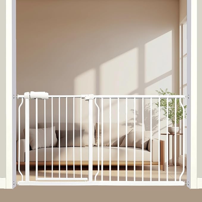 Extra Wide Baby Gate, 57.5-62 Inch - White Metal, Pressure Mounted Indoor Safety Gate, Walk-Through Dog Gate for Kids & Pets