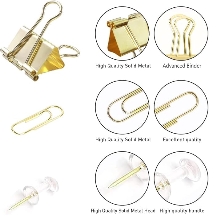 10 Pack, Gold Paper Clips and Binder Clips Set, Metal Assorted Sized Binders with Push Pins, Cute Gold Office Supplies for Desk, Desk Accessories