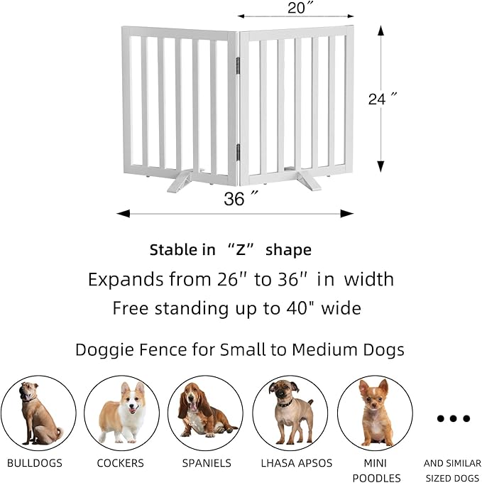 ZJSF Freestanding Indoor Dog Gate for House Foldable Wood White Puppy Gate for Doorways Pet Gate for Stairs Extra Wide Pet Fence 24" Height 2 Panels
