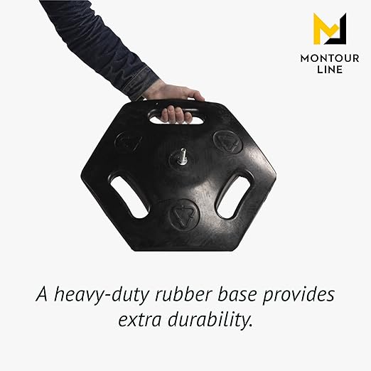 Montour Line MSR760 Set of 2 Retractable Belt Barrier Stanchion, Rubber Base, Red Post (35 ft Black with Horizontal Red Stripe Belt)