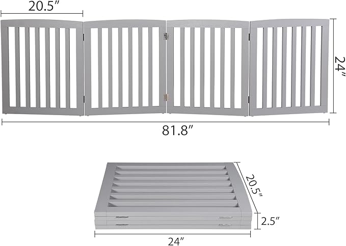 ZENY 24 Inch Pet Dog Gate, Foldable Freestanding Dog Door 4 Panel, White Wooden Z Shape Step Over Pet Fence for Entryway, Stairs, Doorway (Grey)