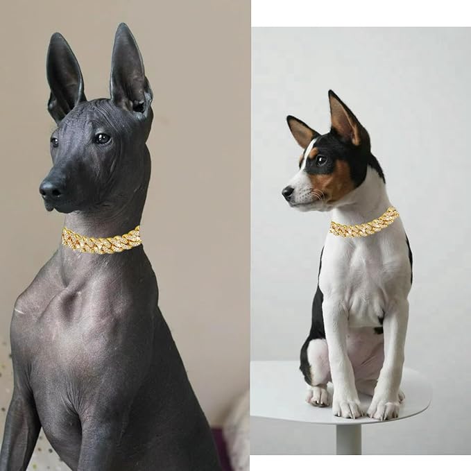 Dog Chain Designer Gold Crystal Pet Collar Cuban Link Chain with Secure Buckle Luxury Adjustable Necklacefor Small Medium Large Dogs Cats(Glod 16inch)