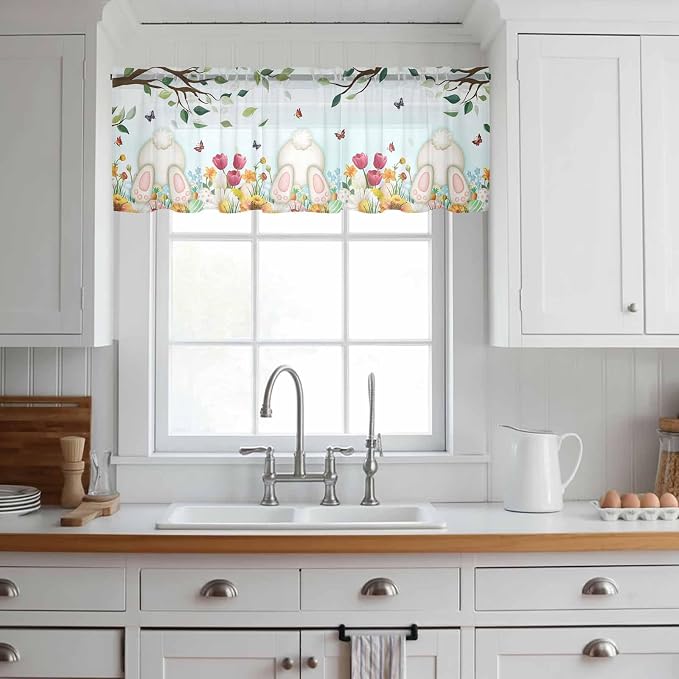 Easter Sheer Valances for Windows 42"x18", Light Filtering Kitchen Curtains