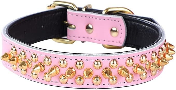 Spiked Studded Dog Collar, Genuine Leather Dog Collar, Adjustable Pet Collars for Medium Large Bulldog Pitbull Mastiff Poodle Boxer (M:29-38cm, Pink)