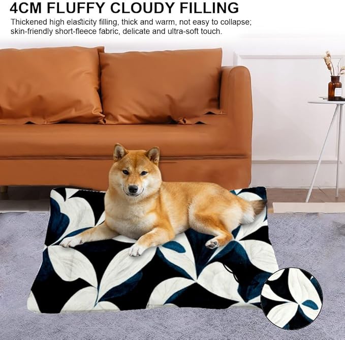 Modern Navy White Graphic Floral Dog Beds Furniture Dog Crate Mat Kennel Pads for Crates Washable Crate Bed Washable Non-Slip Cushion Bed Medium Mat Pet Cushion Indoor Outdoor 24X18 Inch