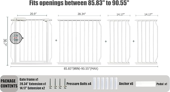 Heavy Duty Baby & Dog Safety Gate, Extra Wide 85.8-90.5 Inch,White Metal, Tension Mounted No Drilling Pet Gate for Large Openings