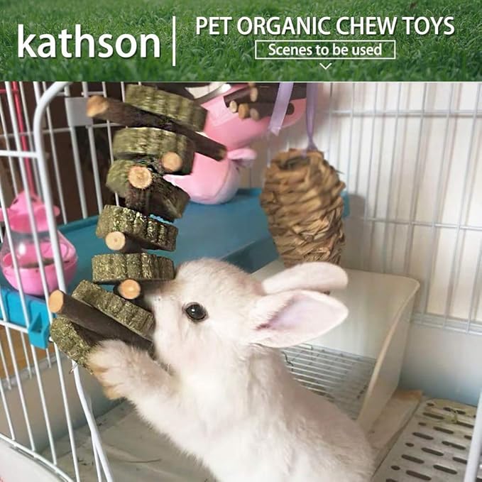 kathson 3 PCS Bunny Chew Toys for Teeth Grinding, Chinchilla Treats Organic Bamboo Sticks Natural Fruitwood Branches for Rabbits Guinea Pigs Hamsters (Fruitwood Sticks+Alfalfa Cakes)