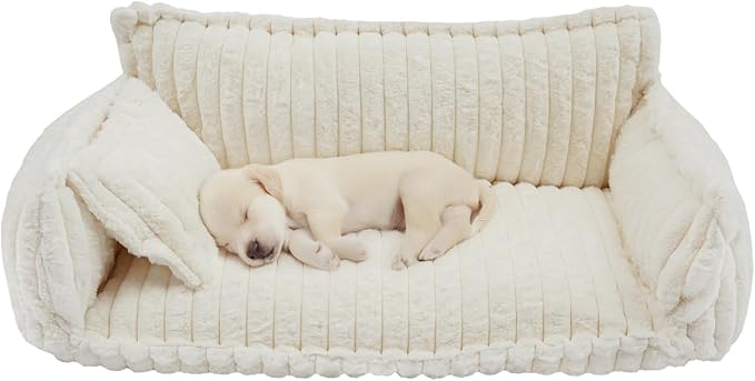 Pet Couch Bed for Dog and Cat, Plush Calming Couch for Pets with Removable Washable Cover, Modern Sofa Style Pet Bed for Home Living Room (White)