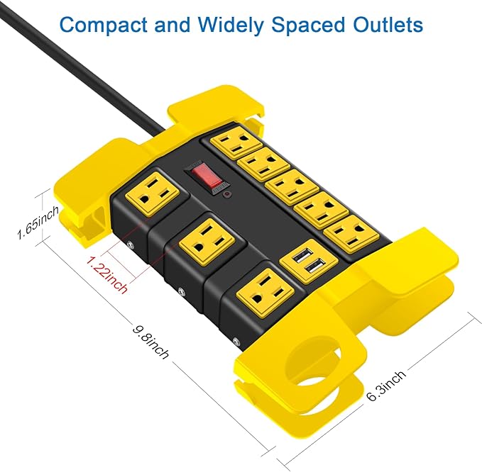 Heavy Duty Power Strip with USB, Workshop 8 Outlet Surge Protector 2700 Joules, Industrial Metal 15Amp Power Strip, 15 FT Extension Cord and Wide Spaced Black.