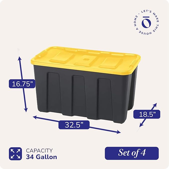 HOMZ 4-Pack Durabilt Tote, Heavy Duty Plastic Storage Bins with Lids, 34 Gallon, Black/Yellow - Stackable Organizing Containers for Home, Garage, and Office