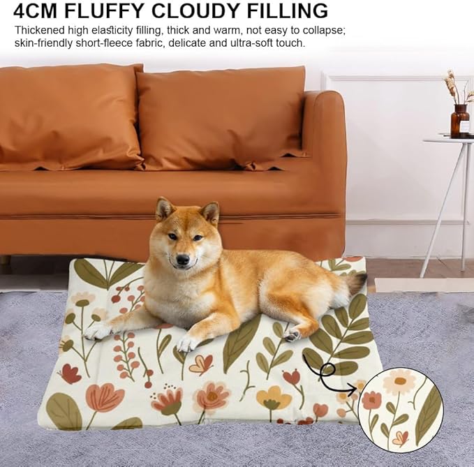 Cream Rustic Botanical Print Art Doggie Beds Dog Cage Mats for Crates Crate Pad Dog Beds for Crates Washable Non-Slip Crate Bedding Bed Cushion Mat and Furniture Indoor Outdoor 36X24 Inch