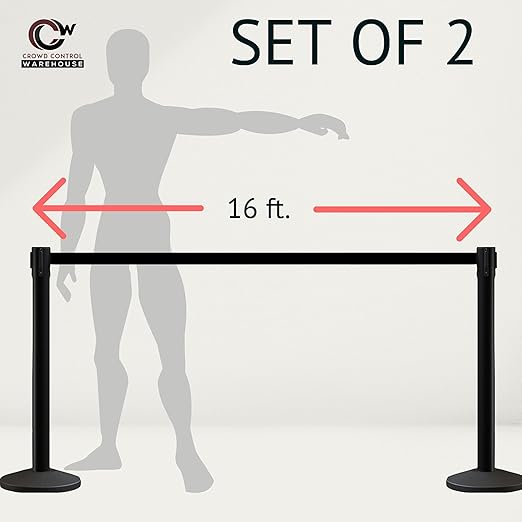 Crowd Control Warehouse CCW Series RBB-150 - Set of 2 Stanchion Retractable Belt Barriers - 16 Foot, Red"Caution - DO NOT Enter" White Letter Belt with Black Steel Post - Easy Assembly