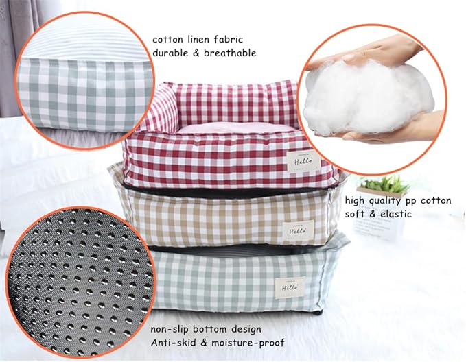Original Rectangular Pet Bed Soft Cotton Dog Kennel with Non Slip Bottom, Removable Calming Sofa for Small Medium Dogs and Cats, Universal for All Seasons Red S