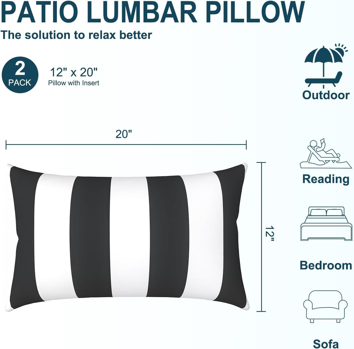 DYTXIII Pack of 2 Waterproof Outdoor Lumbar Pillow with Inserts, 12x20 in Rectangle Decorative Patio Throw Pillow for Home, Sofa,Bench and Patio Furniture, Cabana Black