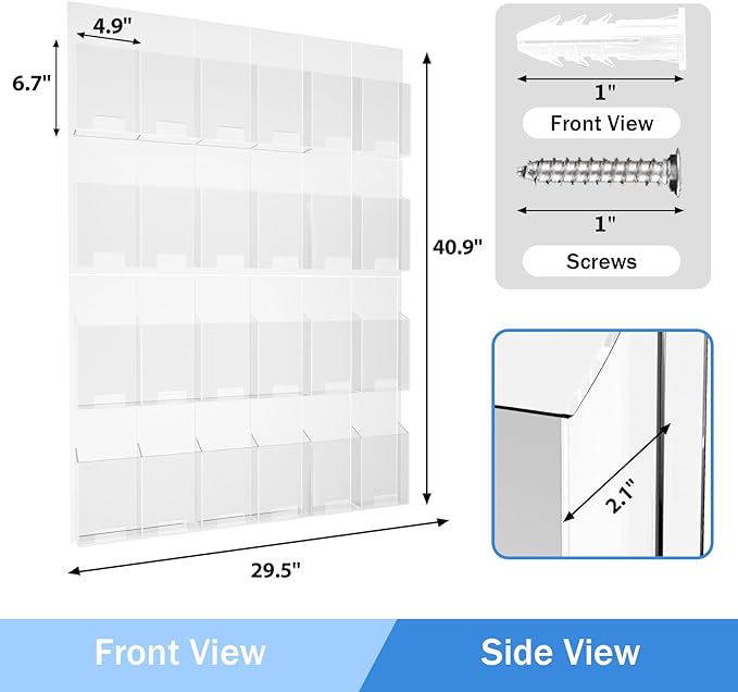 Acrylic Brochure Pamphlet Holder, 24 Clear Wall Mount Display Holders, Trifold Flyer Rack, Literature Storage Rack for Home, Offices, Waiting Room