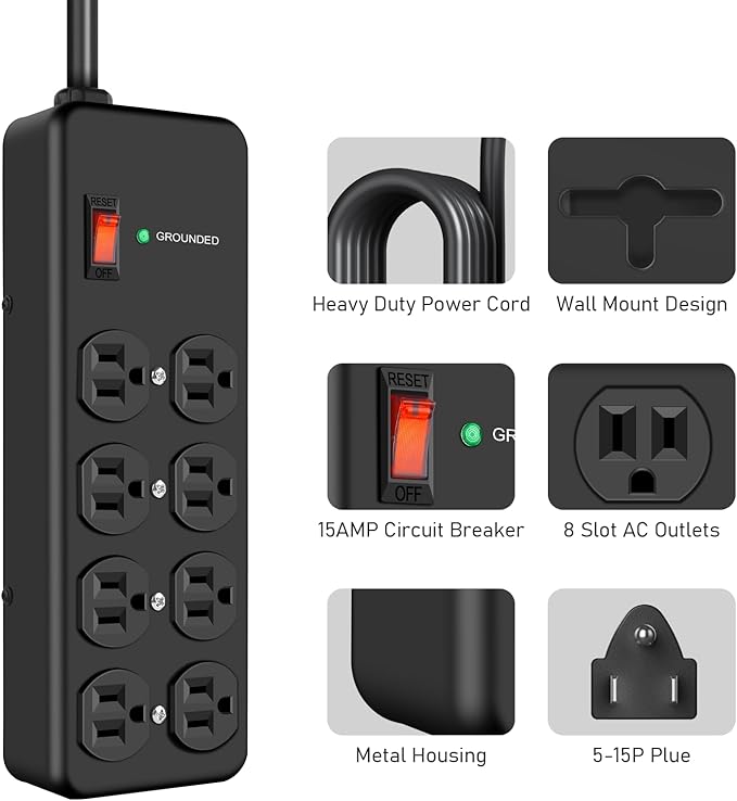 HEZI 8 Outlet Heavy Duty Power Strip, 15Amp Metal Mountable Surge Protector (2700J), Industrial Wall Mount Power Strip for Home, Office, Garage & Workshop, 15FT 14AWG Extension Cord
