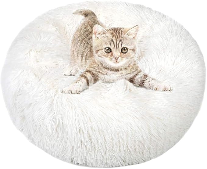 otoez Kitten Puppy Donut Bed - Small Round Dog Cat Beds Anti Anxiety Plush Pet Calming with Non-Slip Waterproof Bottom, Washable (19.7", White)