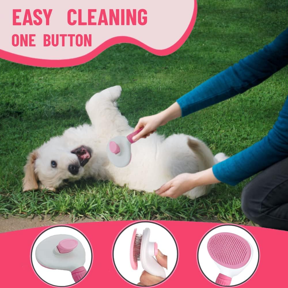 Dog Grooming Kit - Deshedding Brush for Short Hair, Slicker Brush, Flea Comb, Puppy Brush Set in Pink