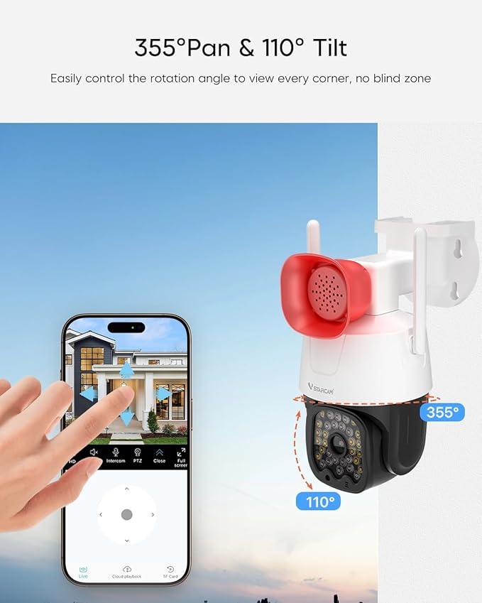 VSTARCAM 3MP Outdoor Security Camera with 130dB Loud Siren Alarm, 2K Color Night Vision WiFi Surveillance Camera, 360° PTZ Auto Tracking, Two-Way Audio, IP66 Waterproof, Cloud/SD Storage