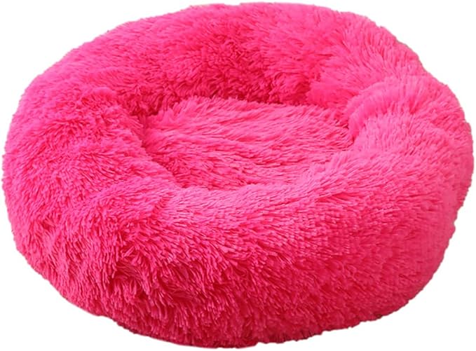 Calming Faux Fur Dog Beds Calming Donut Cuddler Dog Bed Washable Round Cat Bed Pillow Cuddler Fluffy Indoor Dog Calming Beds with Anti Slip Bottom Solid Color Hot Pink 35 Inch