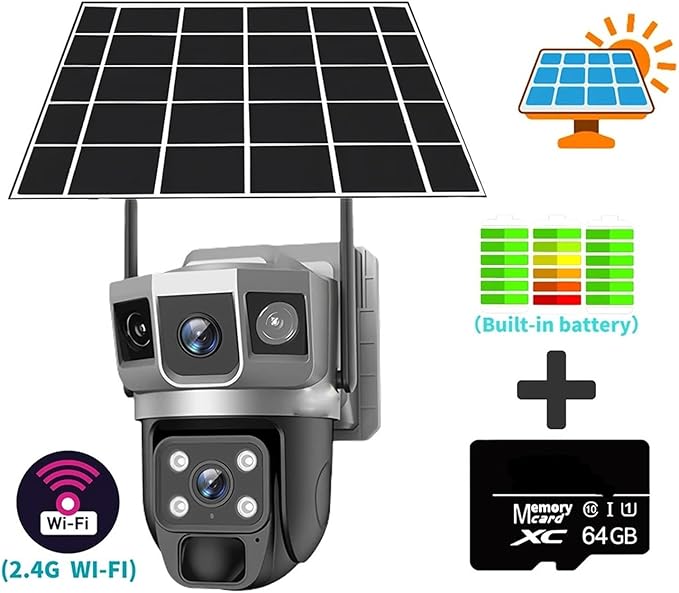 for Outdoor Camera Battery CCTV Monitor 4G SIM Card Network IP Security Pet Camera Motion Detection 3 Screen PTZ Camera(WiFi CCTV 64G Card)