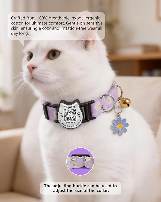 Cute Floral Breakaway Cat Collar with QR Code ID Tag, Soft Cotton Adjustable Kitten Collar with Bell, Personalized Scan ID for Cats, Daisy Pattern, Flower Pendant(Purple)
