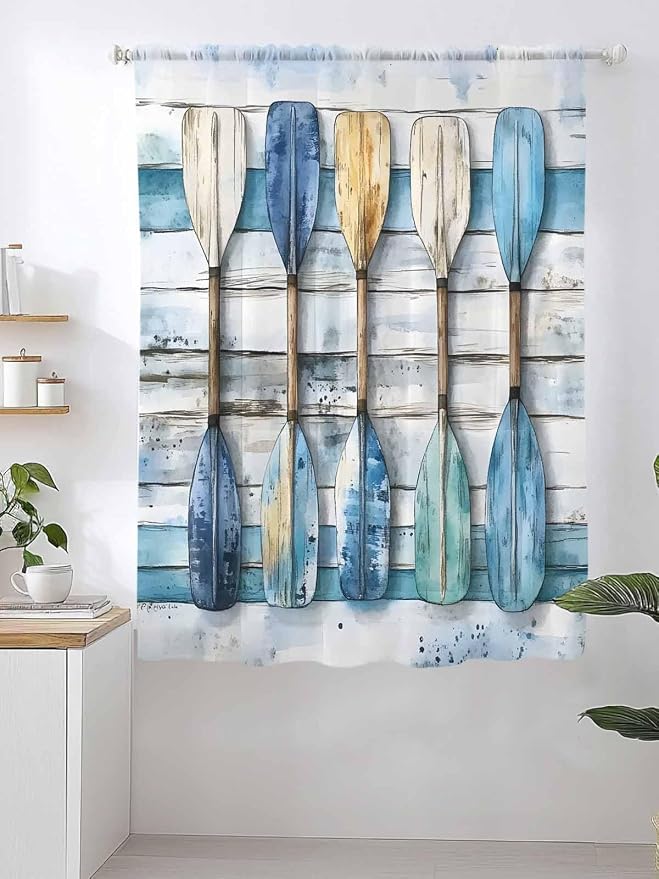 Sheer Curtains 63 Inch Length, Lake Paddle Striped Semi Sheer Curtains Light