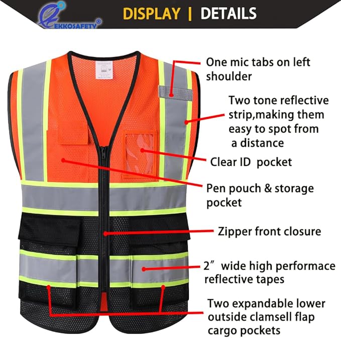 Reflective Mesh Safety Vest for Men Women with 5 Pockets and Zipper Front High Visibility Mesh Vest Hi Vis Construction Work Vest,Meets ANSI/ISEA Standards(EK175-Orangeblack-2XL)