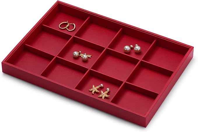 Oirlv Gorgeous Red Leather Jewelry Tray 12 Grid Jewelry Drawer Organizer