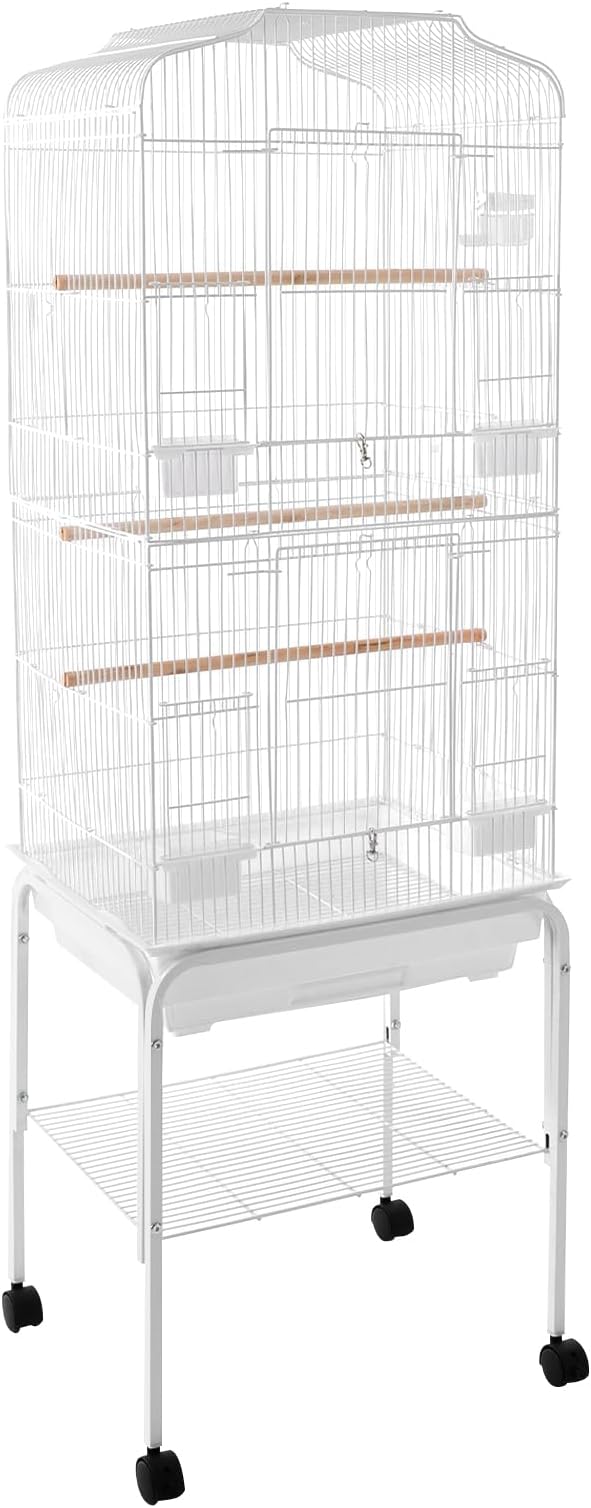 Freestanding Bird Cage Large Bird Cage with 4 Feeding Bowls & Waterer & 4 Universal Wheels & 2*Brake & Storage Rack & Slide-Out Tray & Mesh Panel Budgie Aviary for Balconies, in Homes, Shop（White）
