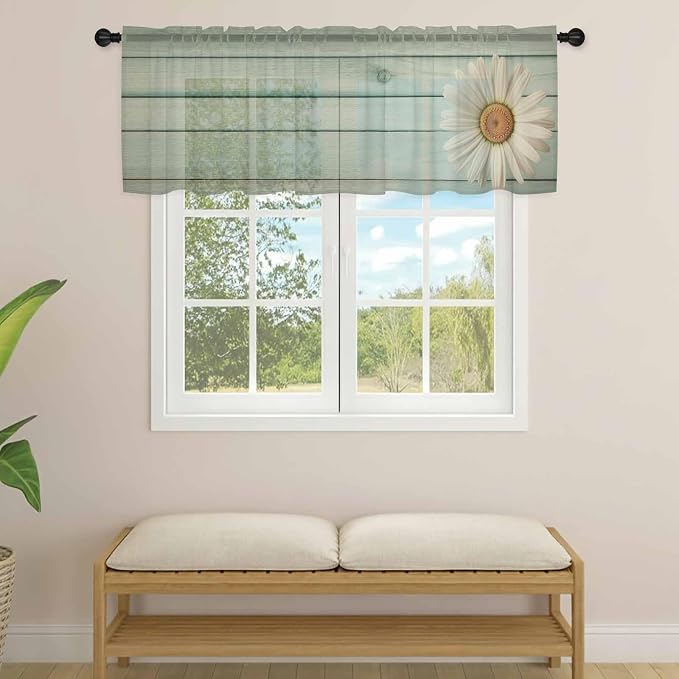 Daisy Flower Sheer Valances for Windows 60"x18", Light Filtering Kitchen
