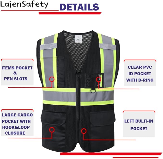 Reflective Safety Vest for Men Women with Multiple Pockets Mesh High Visibility Vest Hi Vis Construction Work Vest,Meets ANSI/ISEA Standards(EK1-178-Black-2XL)