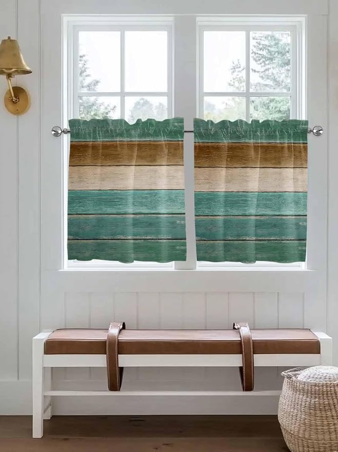 Vintage Plank Turquoise Brown Window Valance Curtains, Farmhouse Wood Grain