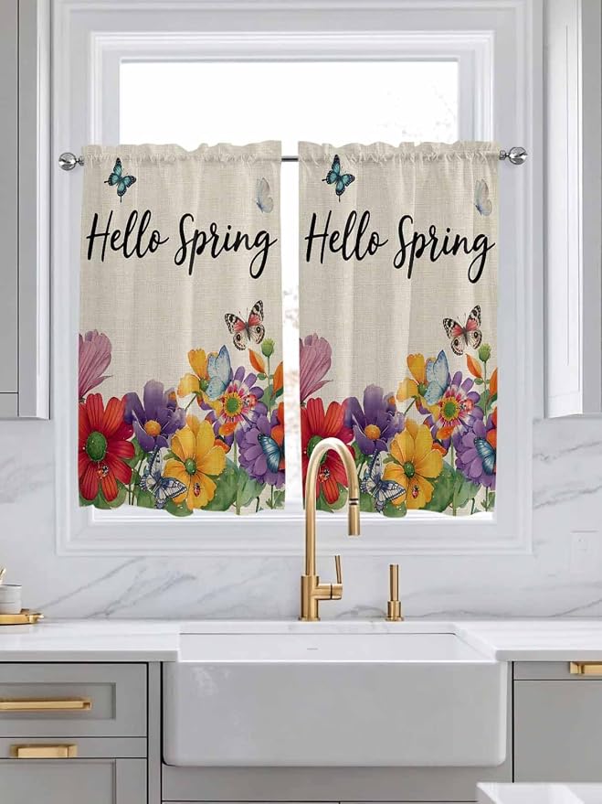 Spring Flowers Kitchen Curtains 54 Inches length, Farmhouse Vintage Country