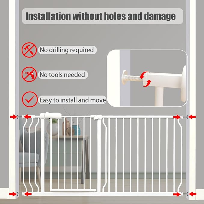 Extra Wide Baby Gates - 71.6-76.4 Inch, Heavy Duty Baby & Pet Safety Gate, White Metal, Tension Mounted Child & Pet Gates for Stairs & Doorways