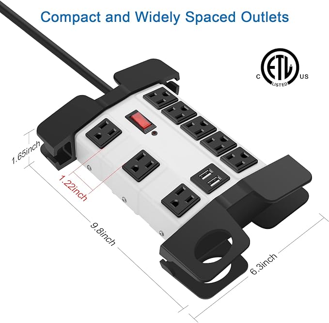 Heavy Duty Power Strip with USB, Workshop 8 Outlet Surge Protector 2700 Joules, Grey Industrial Metal 15Amp Power Strip, 12 FT Extension Cord and Wide Spaced.